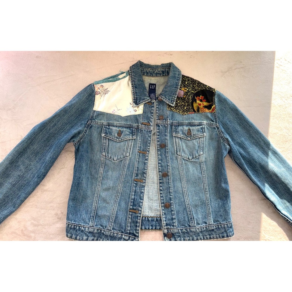 Vintage Gap Denim Jacket Custom Patchwork Oriental Brocade Phoenix Blue Large